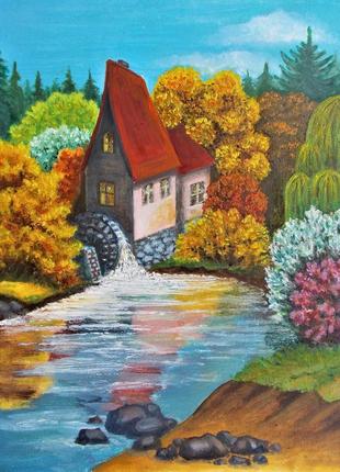 Картина  "мельница в осеннюю пору". холст, масло, 40*50 см