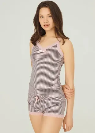 L /xl хлопковая женская пижама в полоску, комплект для дома и сна, майка с шортиками серого цвета