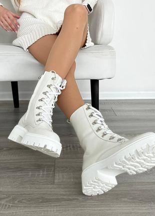 Кожаные белые ботинки деми на байке натуральная кожа осень зима весна демисезон осенние берцы8 фото