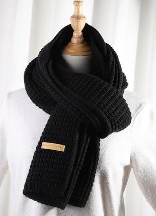 Вязаный шарф черный теплый однотонный шерстяной 180*40см1 фото