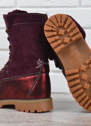 Ботинки женские зимние на шнуровке натуральная опушка waterproof бордовые3 фото