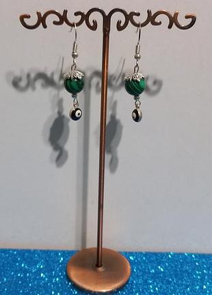Распродажа. серьги-малахит- чёрный глаз.