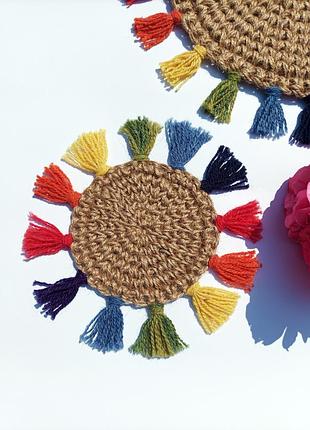 Підставка з джуту 12(20)см у стилі бохо з китицями (бірмат, костер)