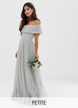Светло серое тюлевое платье со спущенными плечами asos disign