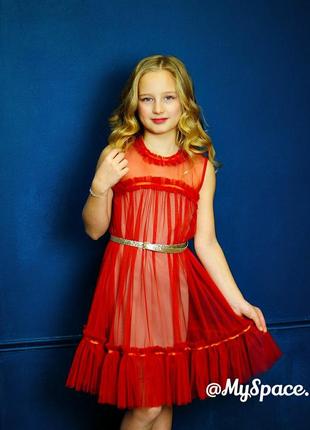 Ошатне плаття червоне з сіткою для дівчинки підлітка 140-176