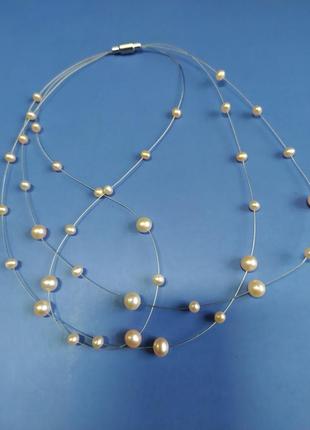 Повітряне намисто з натуральних блідо рожевих перлин