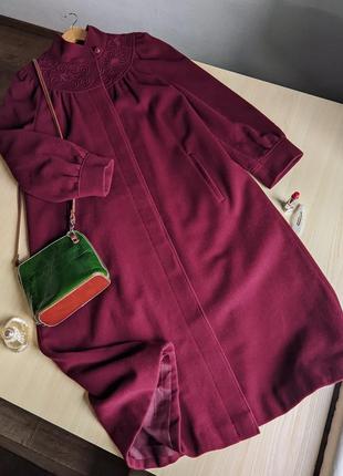 Пальто шерстяное xs s миди свободное ретро карманы вышивка  бордо малиновое винтажное