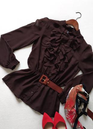 Воздушная нарядная блуза с воланами цвет тёмный шоколад7 фото
