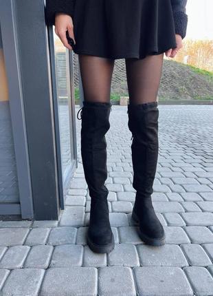 Зимние высокие замшевые сапоги ботфорты с мехом эко кожа зима черные сапожки еврозима2 фото