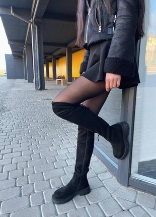 Зимние высокие замшевые сапоги ботфорты с мехом эко кожа зима черные сапожки еврозима5 фото