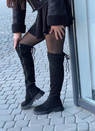 Зимние высокие замшевые сапоги ботфорты с мехом эко кожа зима черные сапожки еврозима6 фото