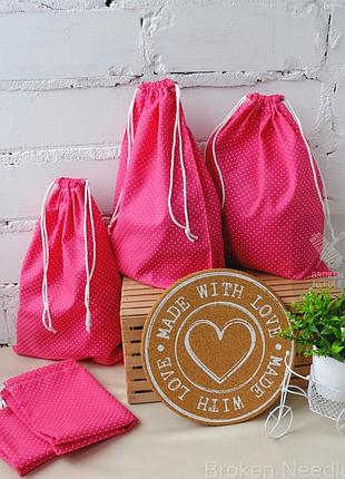 Еко мішечок з бавовни фуксія в горошок, еко торбинка, багаторазовий мішок zero weste
