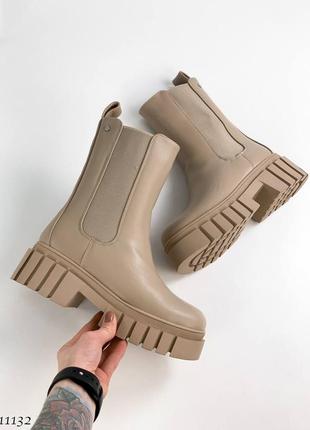 Зимові популярні шкіряні чобітки челсі з хутром бежеві беж черевики сапожки зимні ботинки зима кожа мех9 фото