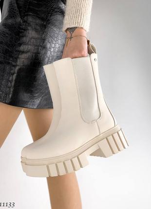 Зимові популярні шкіряні чобітки челсі з хутром бежеві світлий беж молочні черевики сапожки зимні ботинки зима кожа мех7 фото