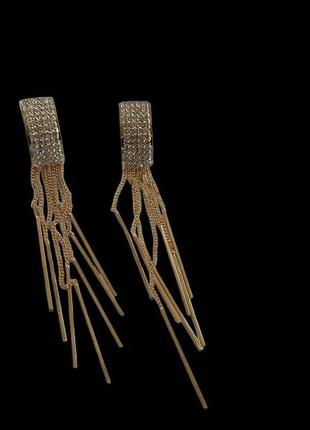 Довгі сережки з діамантами камінцями золоті цепочки квадрат lux luxury жіночі гвоздики серьги1 фото
