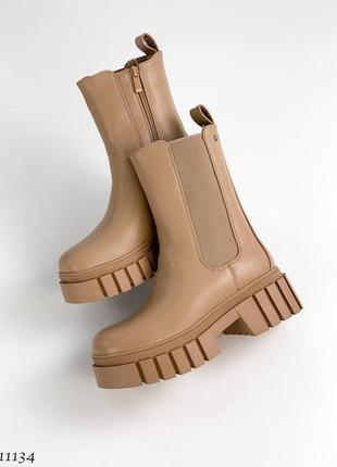 Зимові популярні шкіряні чобітки челсі з хутром бежеві беж карамель черевики сапожки зимні ботинки зима кожа мех9 фото