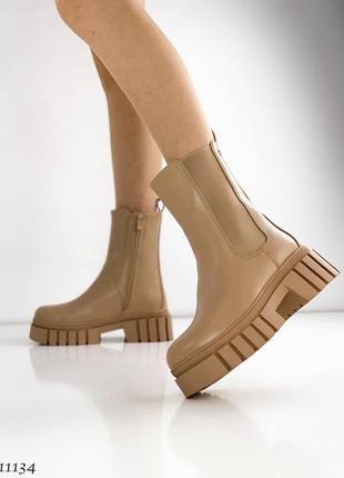 Зимові популярні шкіряні чобітки челсі з хутром бежеві беж карамель черевики сапожки зимні ботинки зима кожа мех4 фото