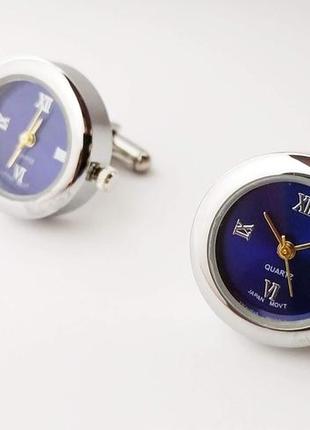 Запонки часы годинник циферблат срібні часи круглі фіолетові1 фото