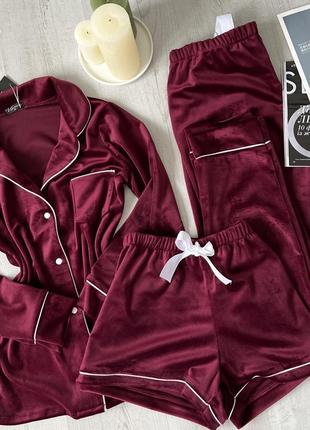 Жіночий плюшевий комплект трійка сорочка, штани та шорти. піжама плюш рубашка, штани, шорти, домашній комплект4 фото