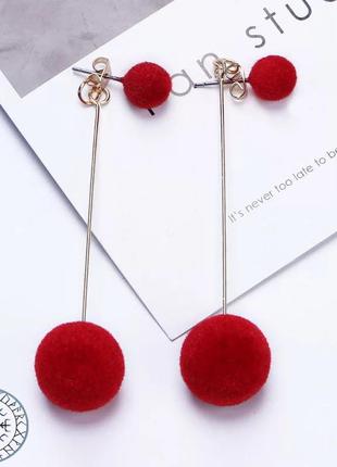 Элегантные изысканные серьги двойной шар красные сережки стильные вечерние длинные висячие бордовые