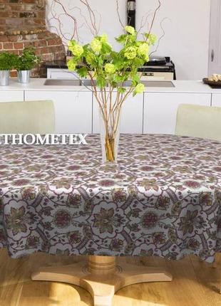 Овальная тефлоновая скатерть с водоооталкивающей пропиткой цветы крупные вязь