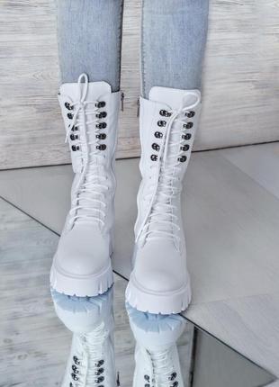 Зимние белые кожаные ботинки берцы с мехом натуральная кожа в стиле прада на тракторной подошве зима мех шерсть3 фото