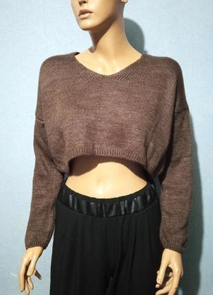 Жіночий теплий светр кроп-топ з вовни коричневий s/l