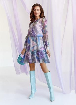 Коротке жіноче блакитне бузкове фіолетове квітчасте шифонове плаття-трапеція в квітчастий принт2 фото