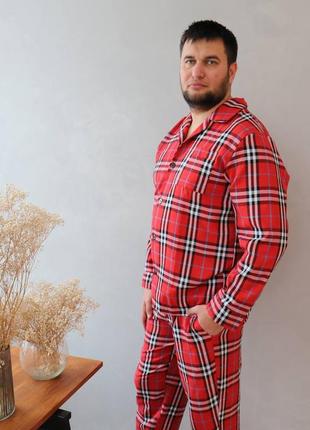 Чоловіча піжама котон бавовна сорочка штани в клітинку для дому та сну для чоловіка мужская пижама в клетку красная червона2 фото