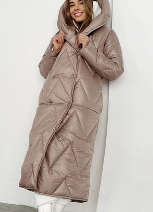 Пальто пуховик зима з капюшоном, капучіно/чорний