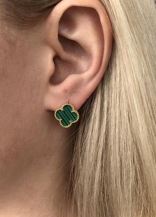 Серьги ванклиф, cleef, четырехлистник, клевер, трендовые, модные, зеленые, van8 фото