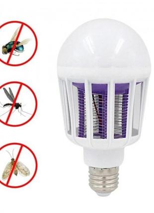 Лампочка ловушка от комаров 2 в 1 с електрошоком 220v светодиодная 15w цоколь e27 mosquito killer2 фото