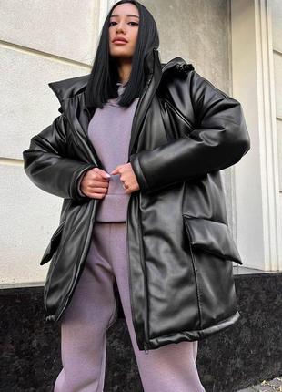 Жіноча зимова куртка мокко з поясом з капішоном тепла шкіряна з кишенями силікон женская зимняя кожаная9 фото