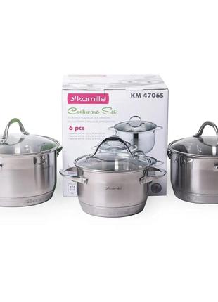 Km-4706s набір каструль kamille з нержавіючої сталі 6 предметів (1.8 л, 2.3 л, 3.3 л)