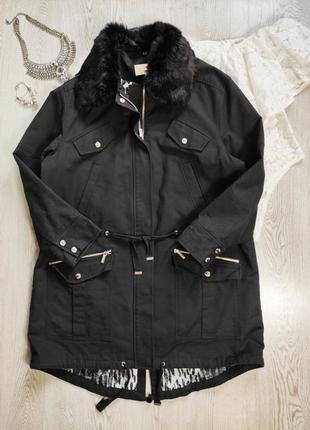 Черная длинная деми парка куртка с карманами меховым воротником теплая michael kors2 фото