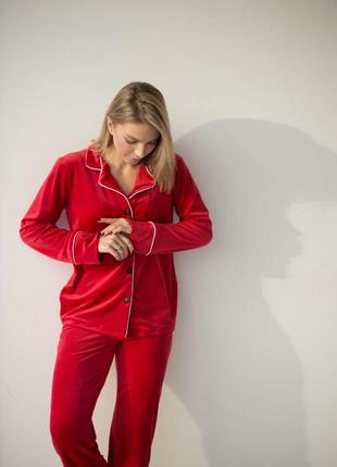 Ніжна плюшева піжама рубашка та штани, піжамка сорочка з довгим рукавом та штани плюш велюр