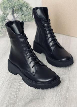 Черевики чоботи зима натуральна шкіра чорний 3664