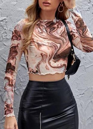 Топ топик кофточка цветной цветная прозрачная прозрачный кола короткий коротка разводы беж бежевый бежевая коричневая коричневый