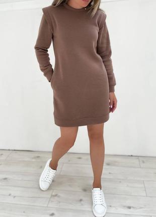 Жіноча тепла сукня коротка туніка на флісі зимова сіра коричнева блакитна моко бірюзова бежева