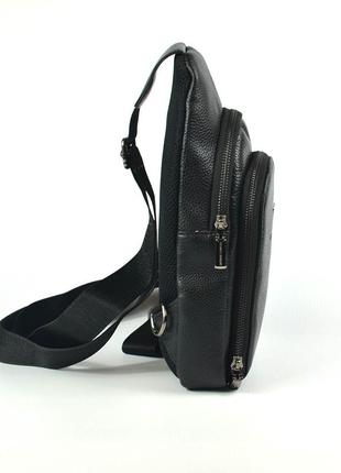 Мужской кожаный рюкзак слинг сумка из натуральной кожи черная нагрудная сумочка на одно плечо4 фото