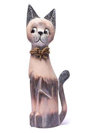 Статуэтка кот деревянный бежевій дымчатый с бантиком высота 50см