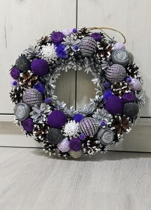 Різдвяний вінок фіолетовий срібло, підсвічник, декор на святковий стіл5 фото