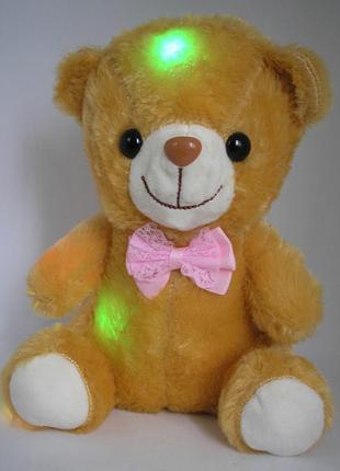 Мишка с подсветкой желтый мягкий плюшевый с бантиком светящийся с led подсветкой медвежонок светится3 фото