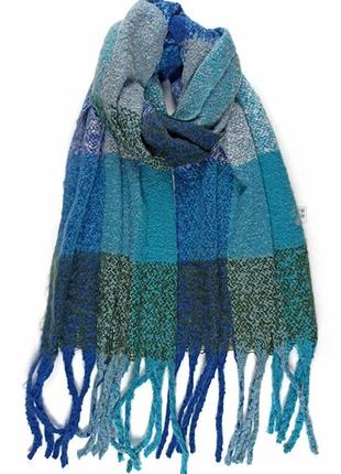 Теплый зимний шерстяной шарф-плед палантин голубой синий толстый объемный клетка1 фото
