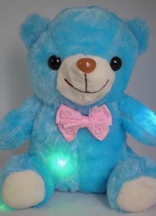Мишка с подсветкой синий мягкий плюшевый с бантиком светящийся с led подсветкой медвежонок светится5 фото