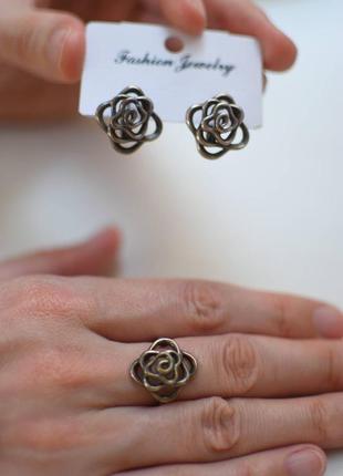 Серебряный комплект серьги + перстень "розы" 18 размер