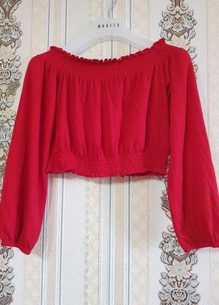 Стильная лёгкая укороченная кофточка, красный топ, блузка-топик спущеные плечи