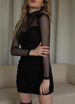 Сукня з сітки прозора з блискітками ефектна стильна міні плаття чорна бежева базова з довгим рукавом по фігурі трендова святкова3 фото
