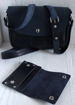 Шкіряна сумка з гаманцем із натуральної шкіри синього кольору3 фото