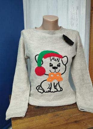 Женский джемпер с вышивкой кошечки теплый новогодний свитер1 фото